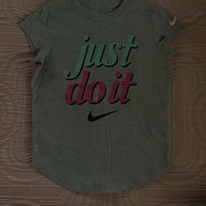 Nike Kids Gray Tee with Colorful 'Just Do It' Design
